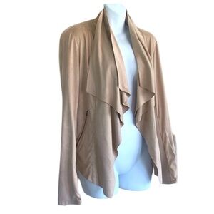 CARMEN MARC VALVO jacket, cream, waterfall front, faux leather zip cuffs. L